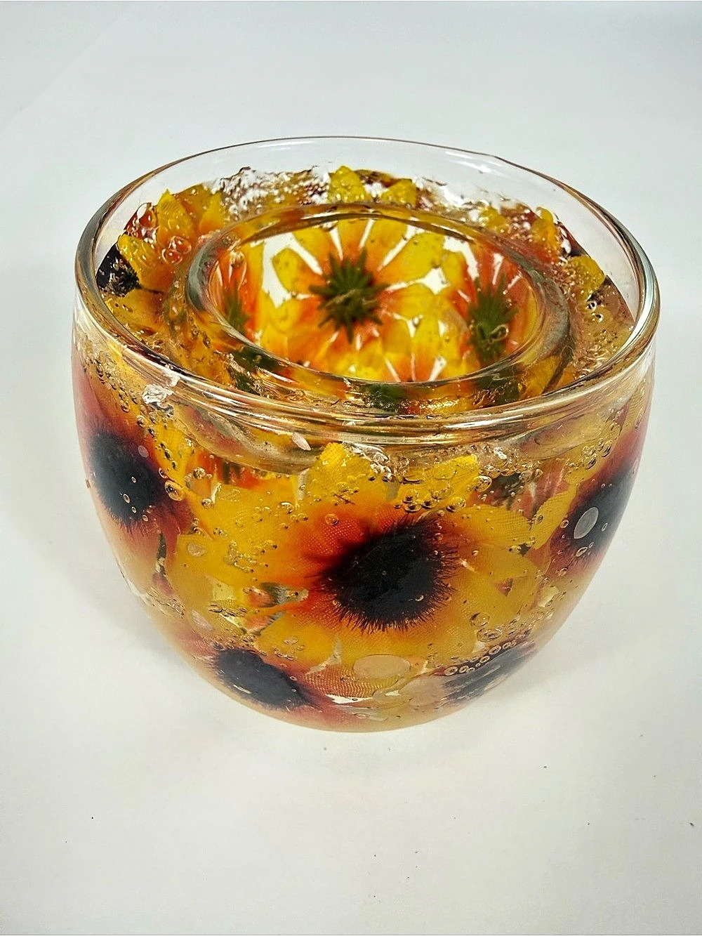 Votive Candle Holder Real Dried Daisy Flowers Suspended In Clear Gel Double Glas